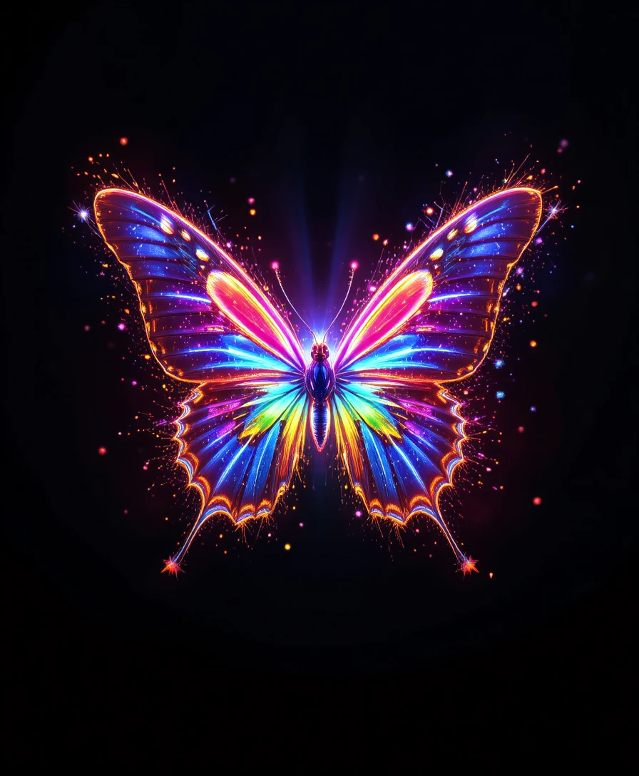 Borboleta arco-íris em neon surgindo de um fundo preto puro