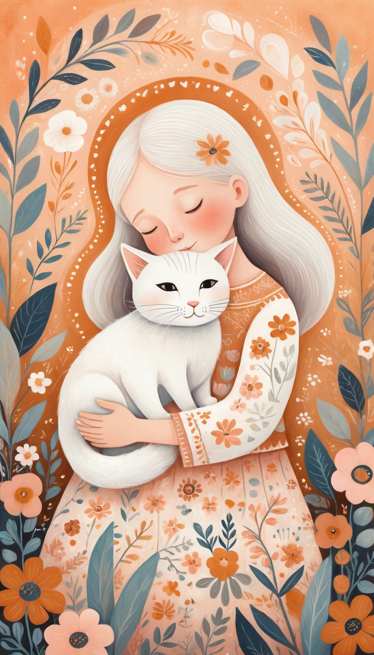 Illustrazione onirica folk art di un bambino che abbraccia un gatto bianco