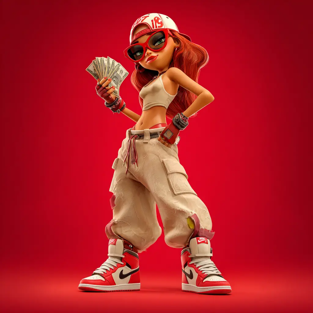 3D-Frau im Pixar-Stil in Streetwear mit Geld in der Hand