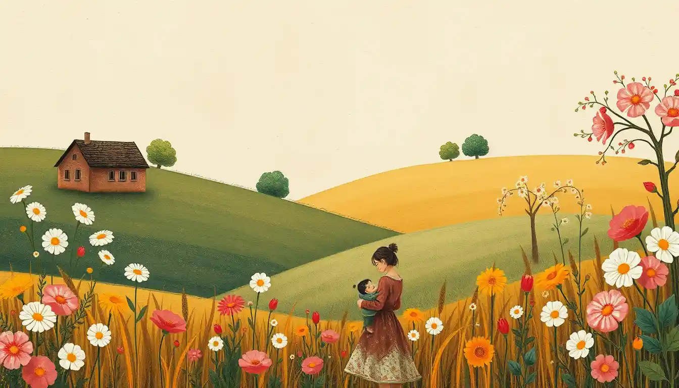 Whimsical folk floral illustration in warm pastel colors