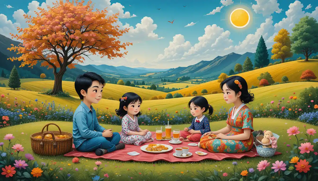 Whimsical family picnic scene in a colorful abstract park