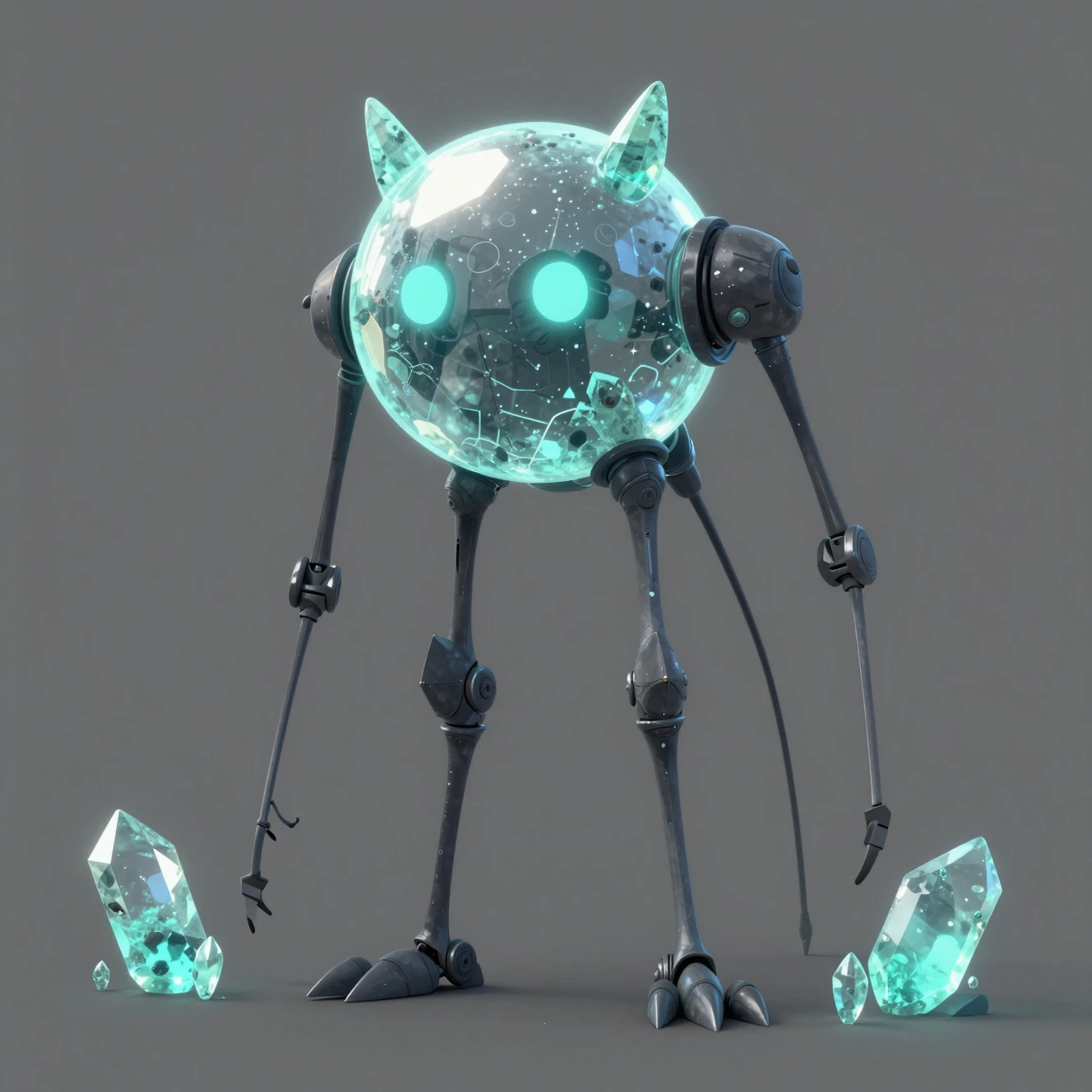 Mostro kawaii grigio neon con lunghe e sottili gambe meccaniche