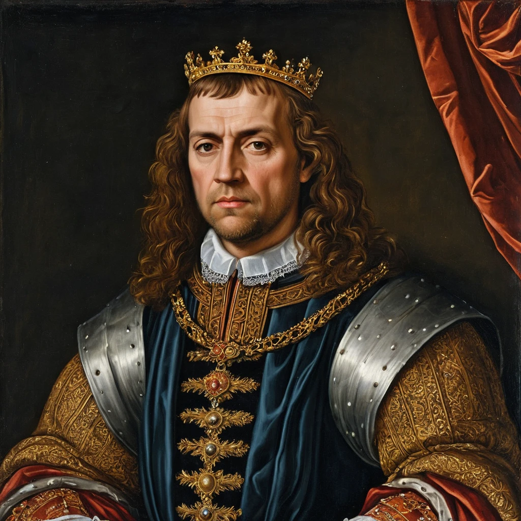 Retrato renascentista de um rei escocês de cabelos longos