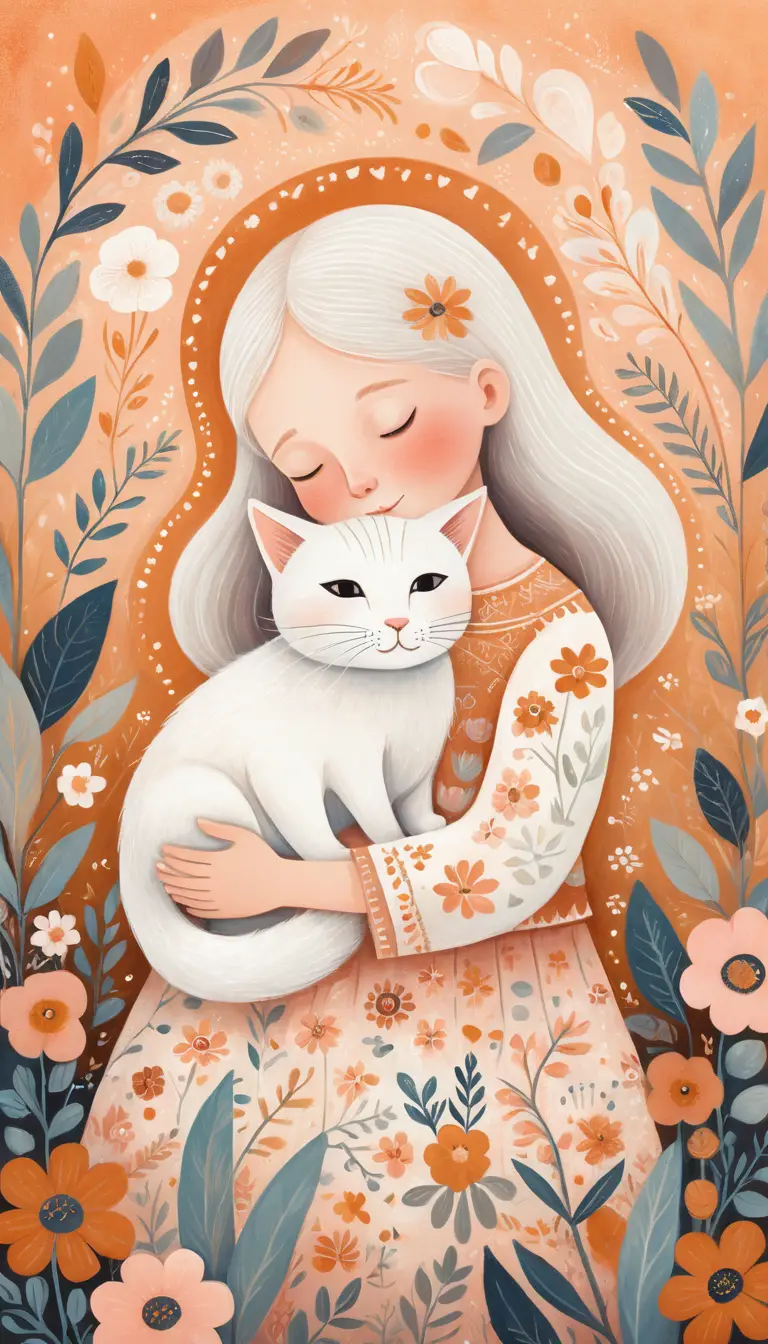 Illustrazione onirica folk art di un bambino che abbraccia un gatto bianco