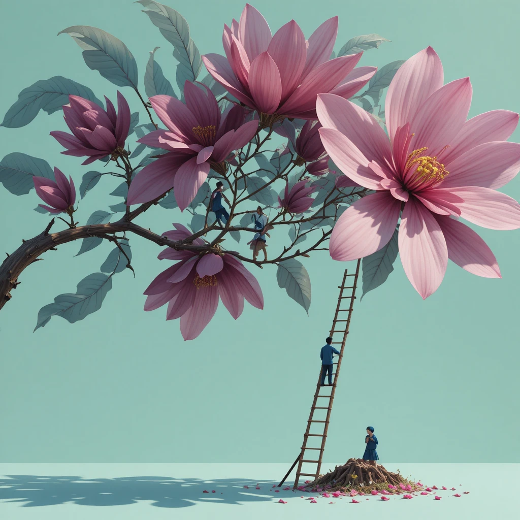 Surreal magnolia branch with tiny figures on ladder