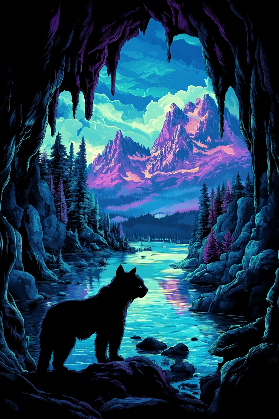 Paisaje montañoso dentro de siluetas de lince y oso en una cueva