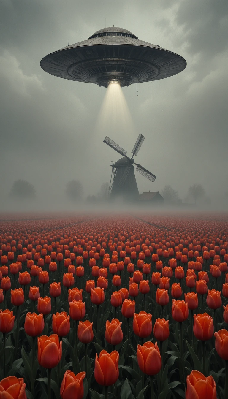 Surreal UFO Over Misty Tulip Field Of Human Eyes