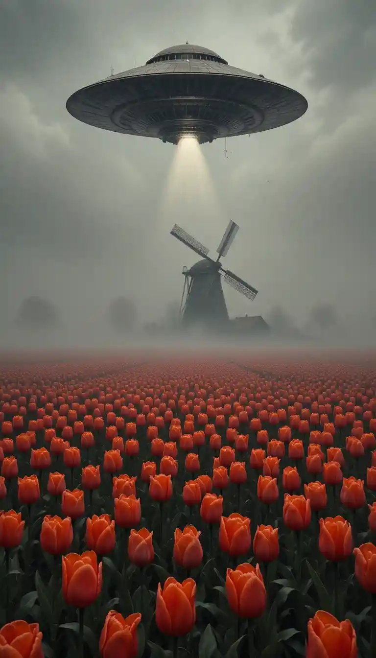 Surrealer UFO über nebligem Tulpenfeld aus menschlichen Augen