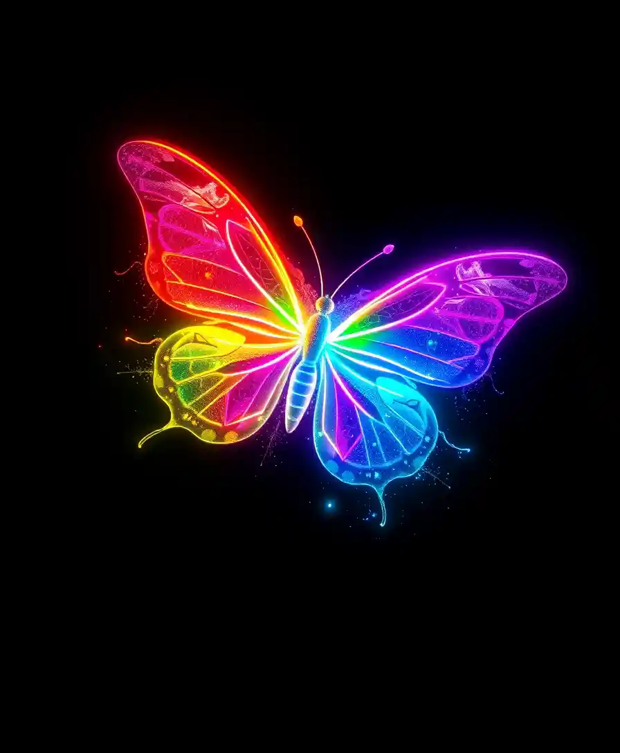Papillon arc‑en‑ciel néon jaillissant d’un profond vide noir
