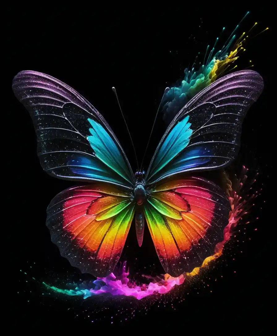 Neon Rainbow Butterfly With Glowing Trails On Black Background