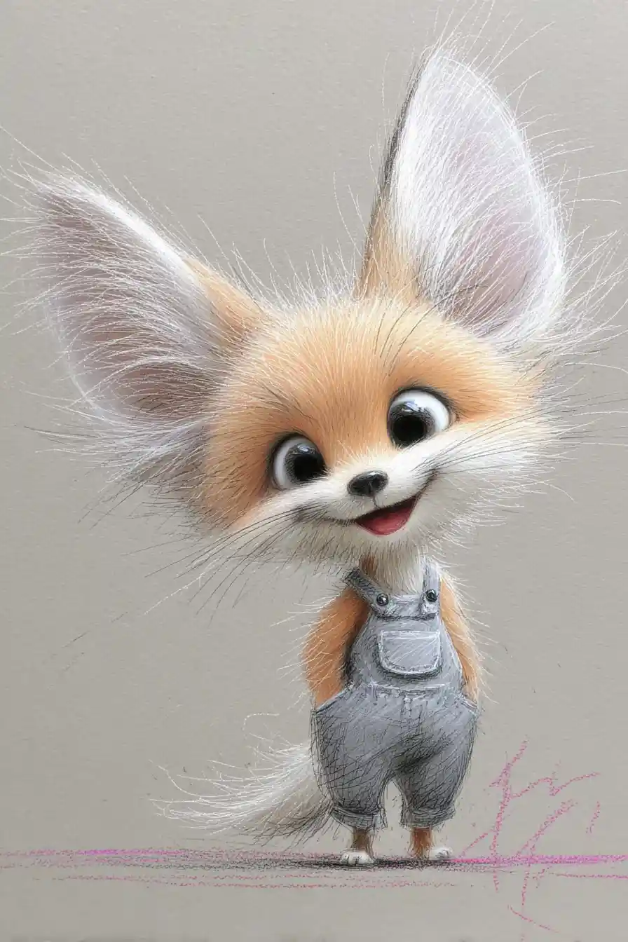 Cute fennec fox in denim overalls smiling in motion