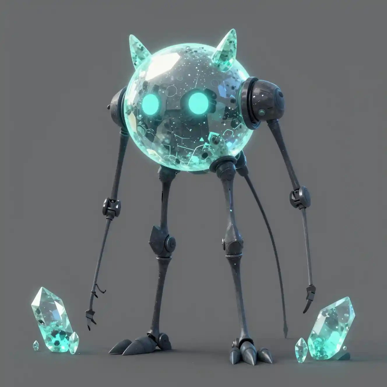 Monstro kawaii cinza neon com pernas mecânicas longas e finas