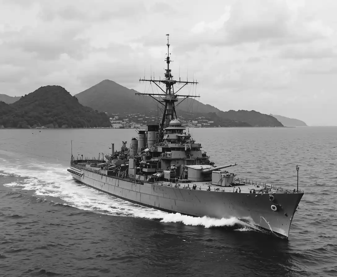 Japanese destroyer sailing near a tropical island in war