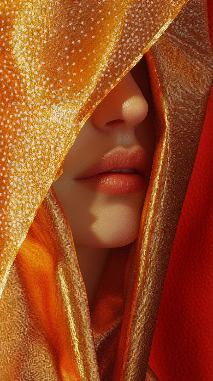 Fragmento de retrato velado em seda dourada sobre poás vermelhos