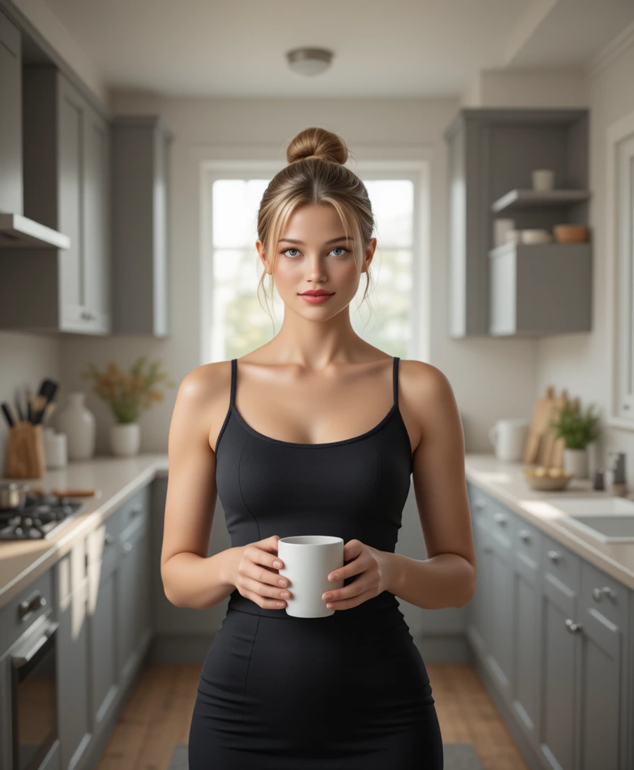 Mulher sorridente com café em uma cozinha moderna e iluminada