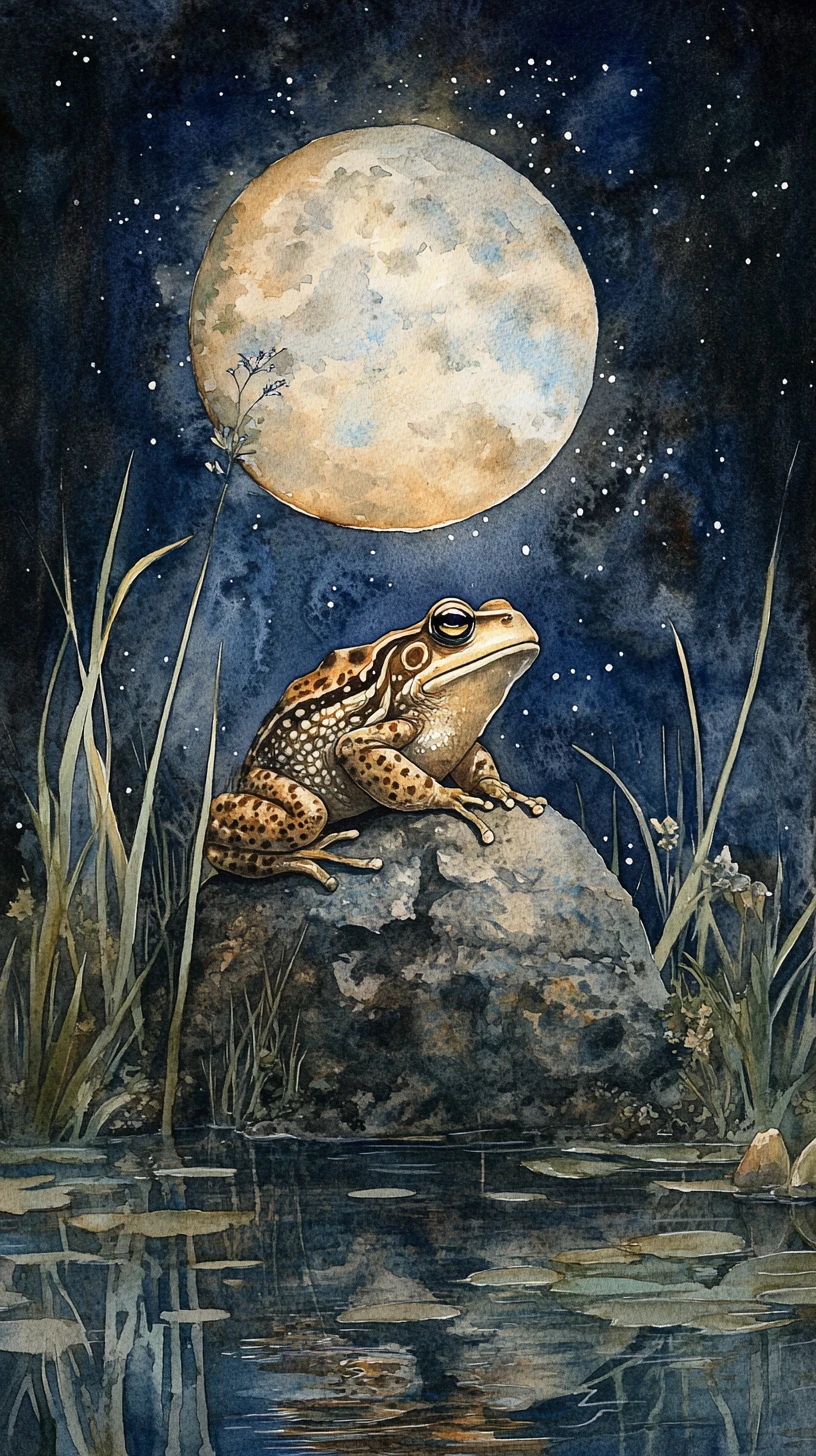 Crapaud en aquarelle sur un rocher près d’un étang calme au clair de lune