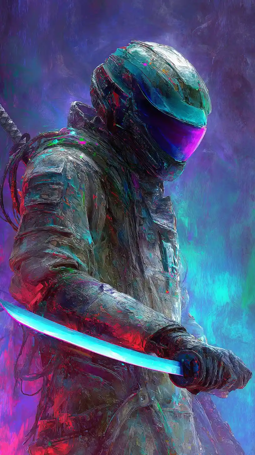 Retrato abstrato em neon de um guerreiro samurai cibernético heroico