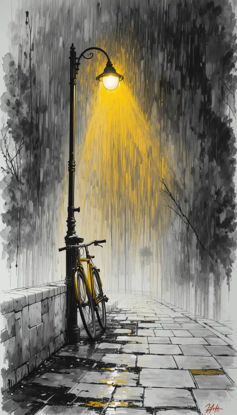 Lonely street with bicycle under a glowing lamppost