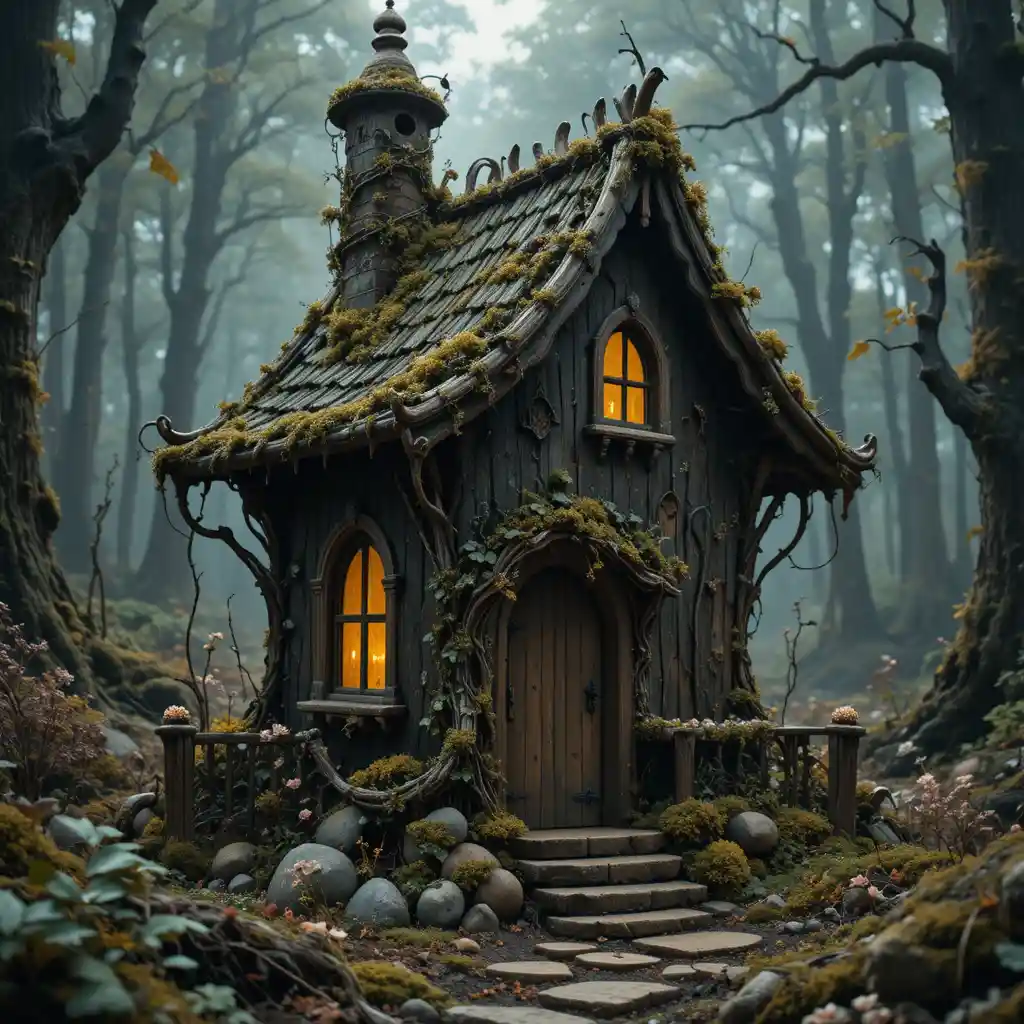 Casa biblioteca de hadas oscura y fantasiosa en un bosque encantado