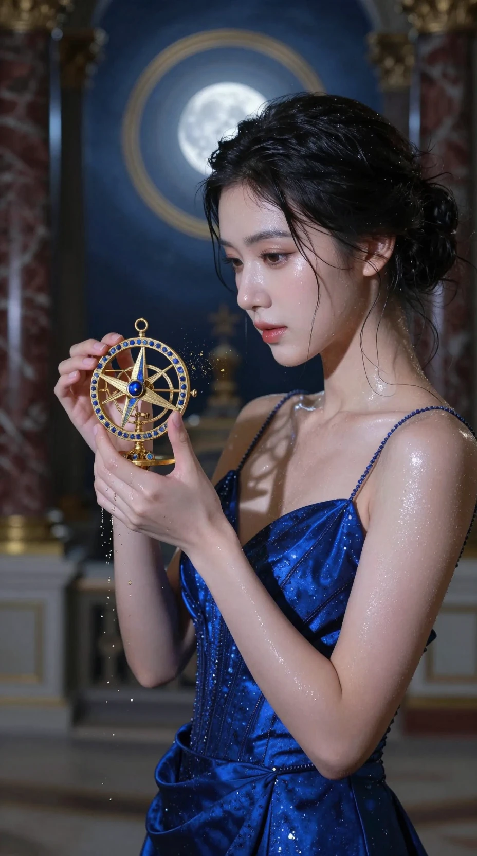 輝くアストロラーベを手にしたサファイアのドレスの若い女性