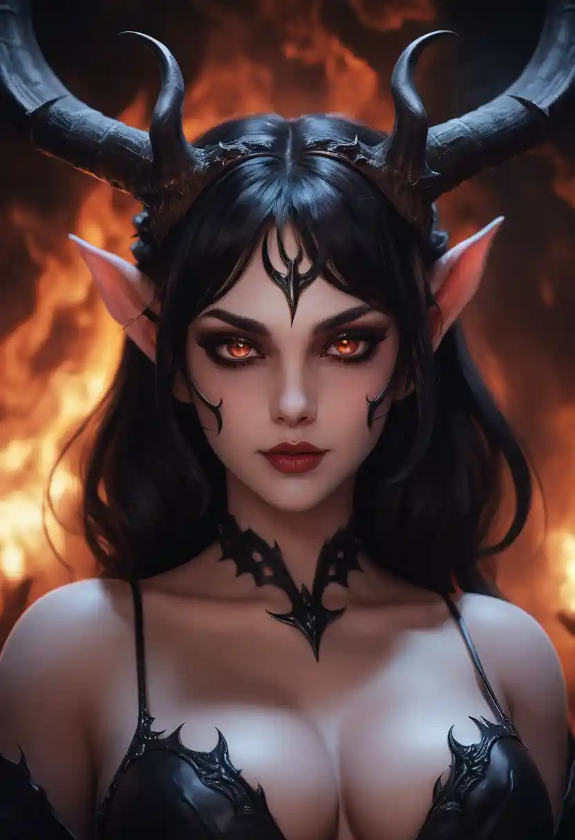 Horned anime demon woman with smoky eyes in dark hellscape