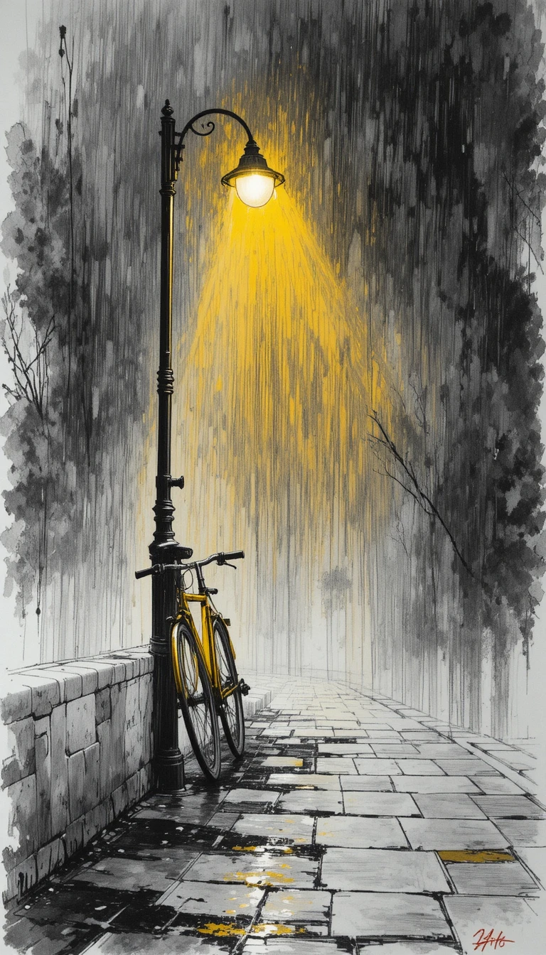 Rua solitária com bicicleta sob um poste de luz brilhante