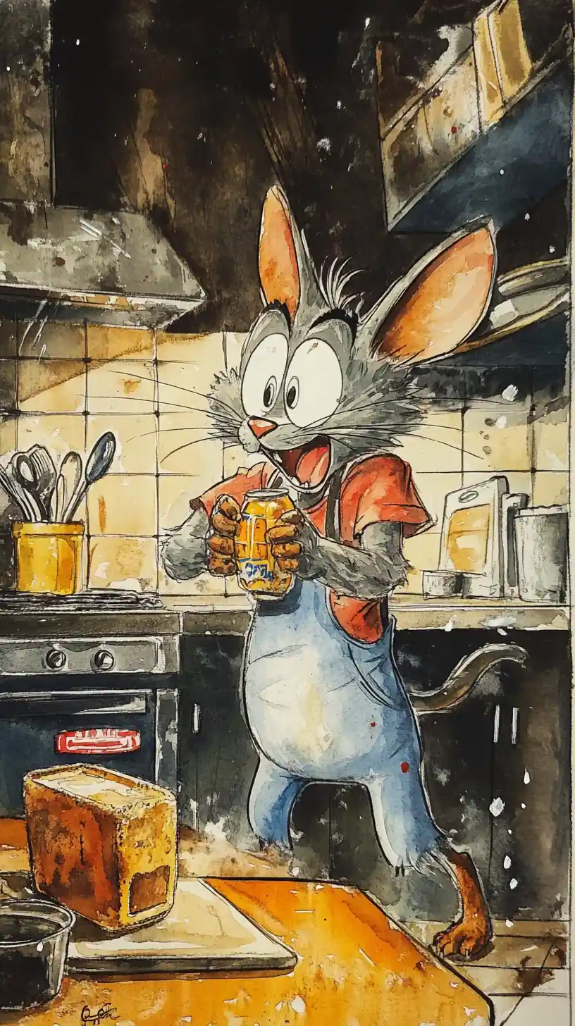 Gatto cartoon ad acquerello con utensili da cucina in una cucina accogliente