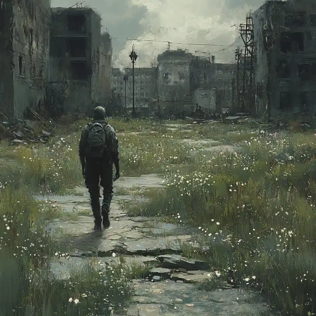 Operative Crossing Overgrown Town Square In Soft Spring Light