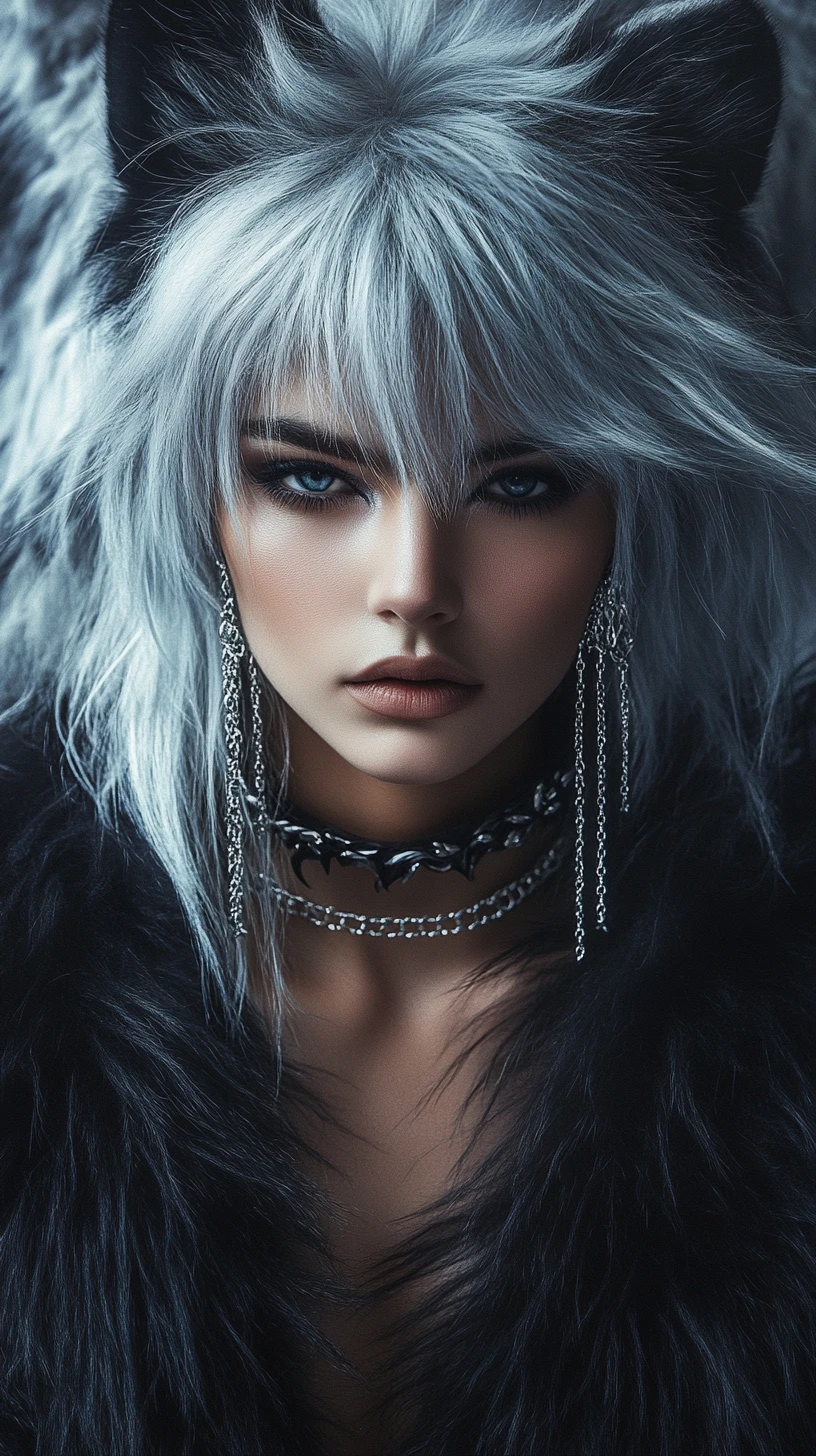 Fierce woman with wolf inspired hair and diamond jewelry