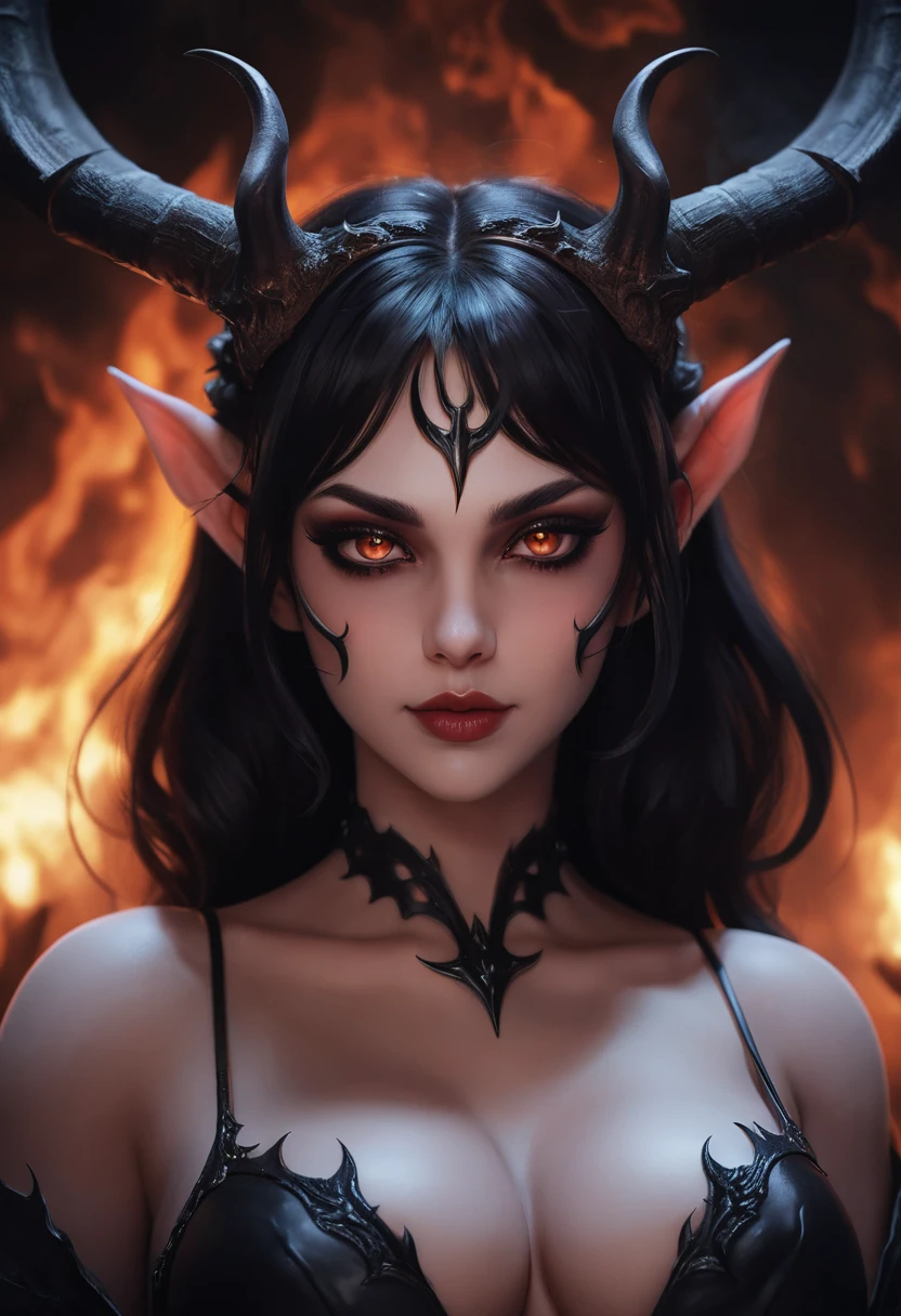 Horned anime demon woman with smoky eyes in dark hellscape