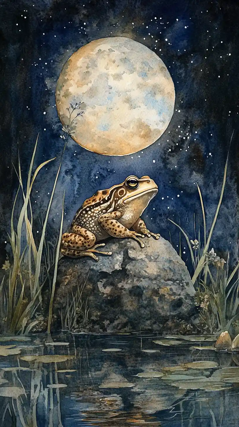 Crapaud en aquarelle sur un rocher près d’un étang calme au clair de lune