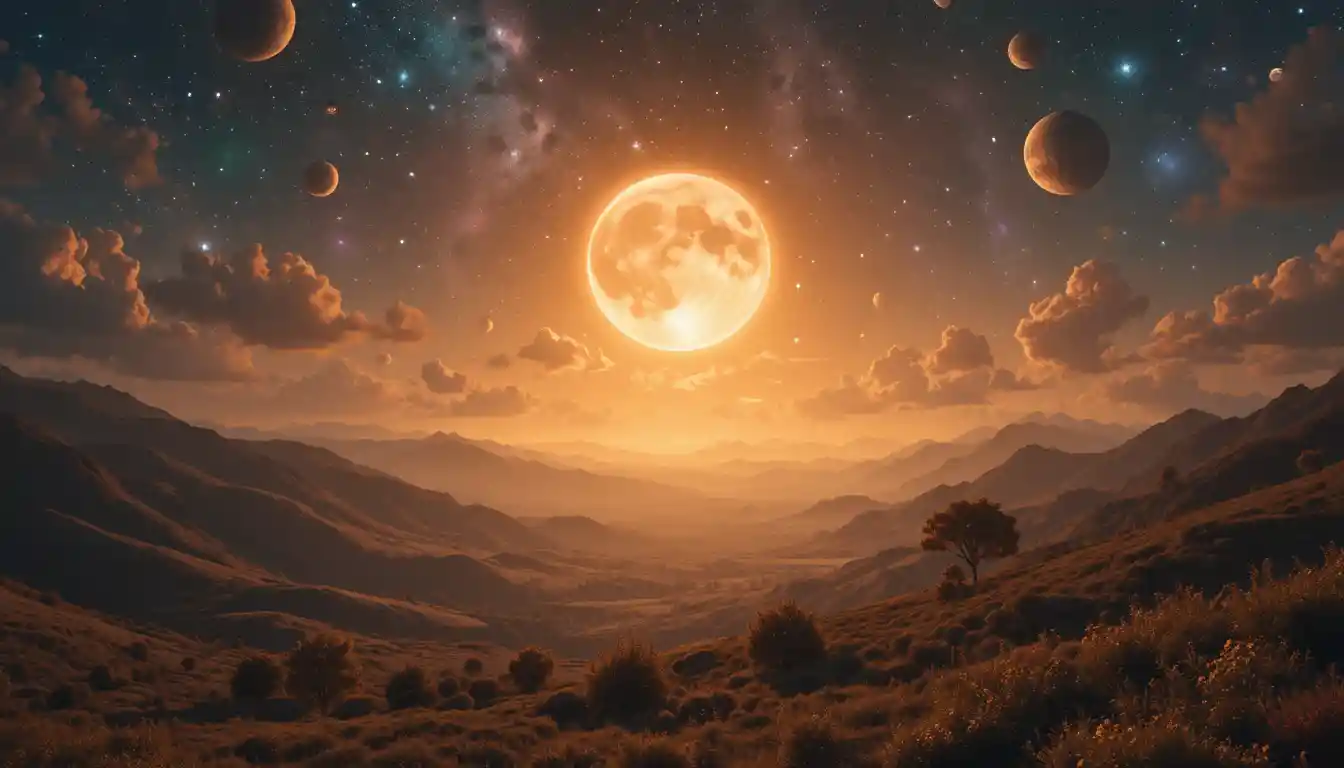 Radiant moon and planets shining over tranquil valley