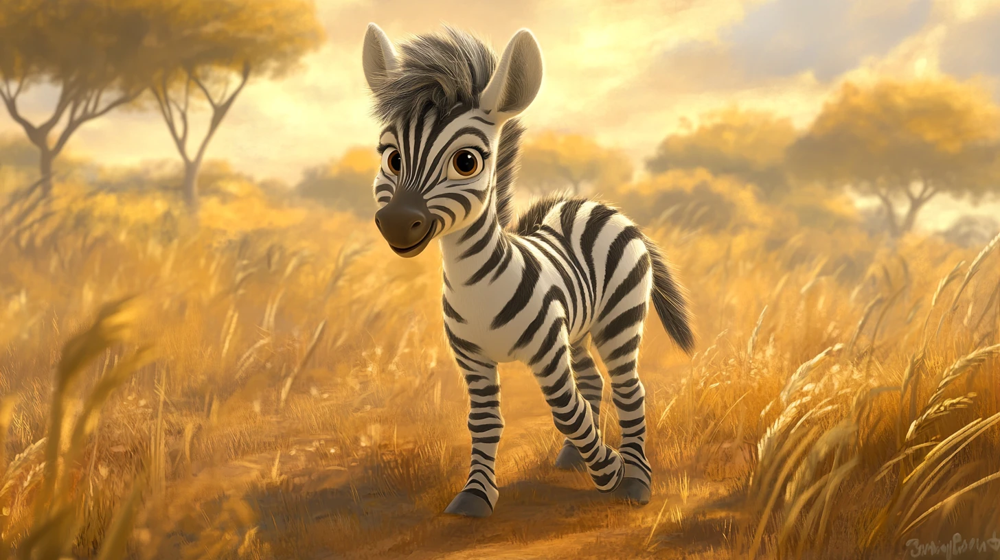Filhote de zebra em cena de savana dourada em aquarela