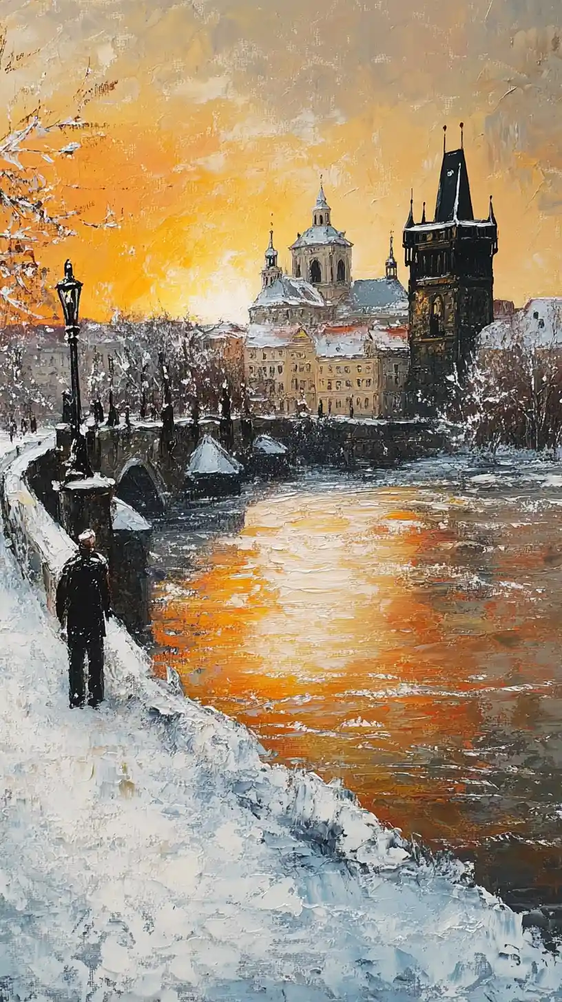 Detailreiche Winteransicht von der Karlsbrücke in Prag bei Sonnenuntergang