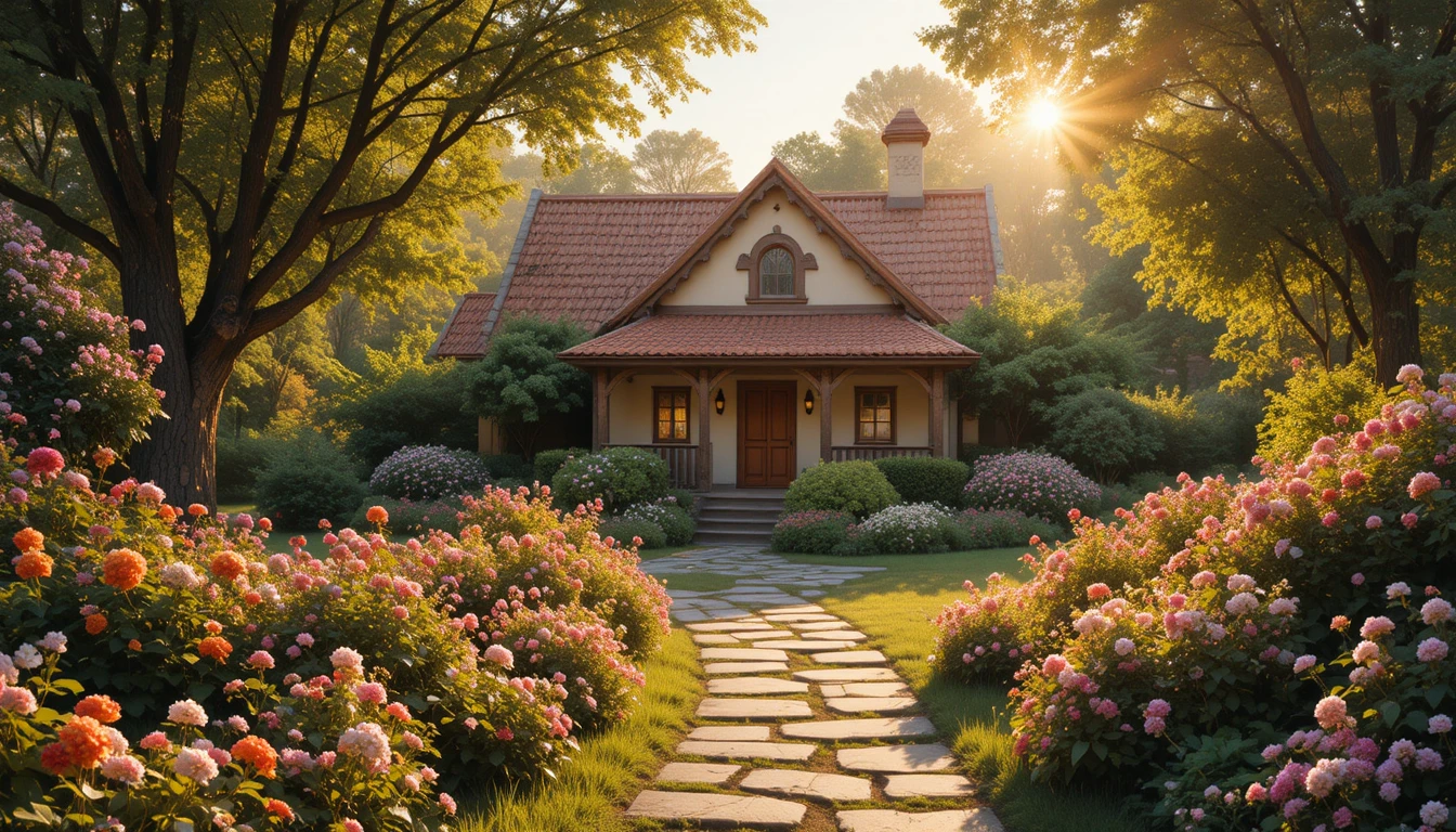 Charmante maisonnette de jardin avec des fleurs au chaud soleil doré