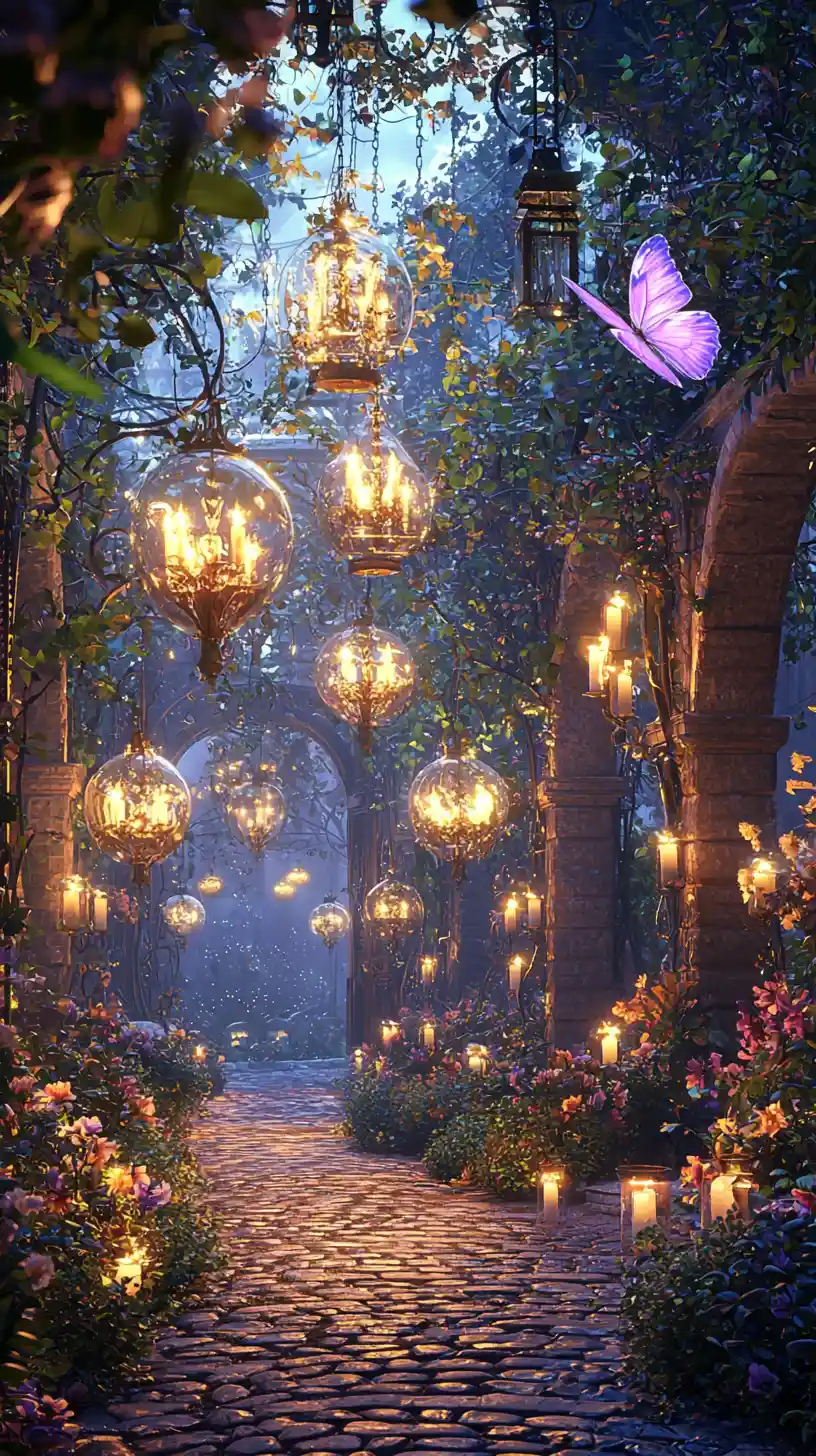 Glowing butterfly in a candlelit fantasy twilight garden