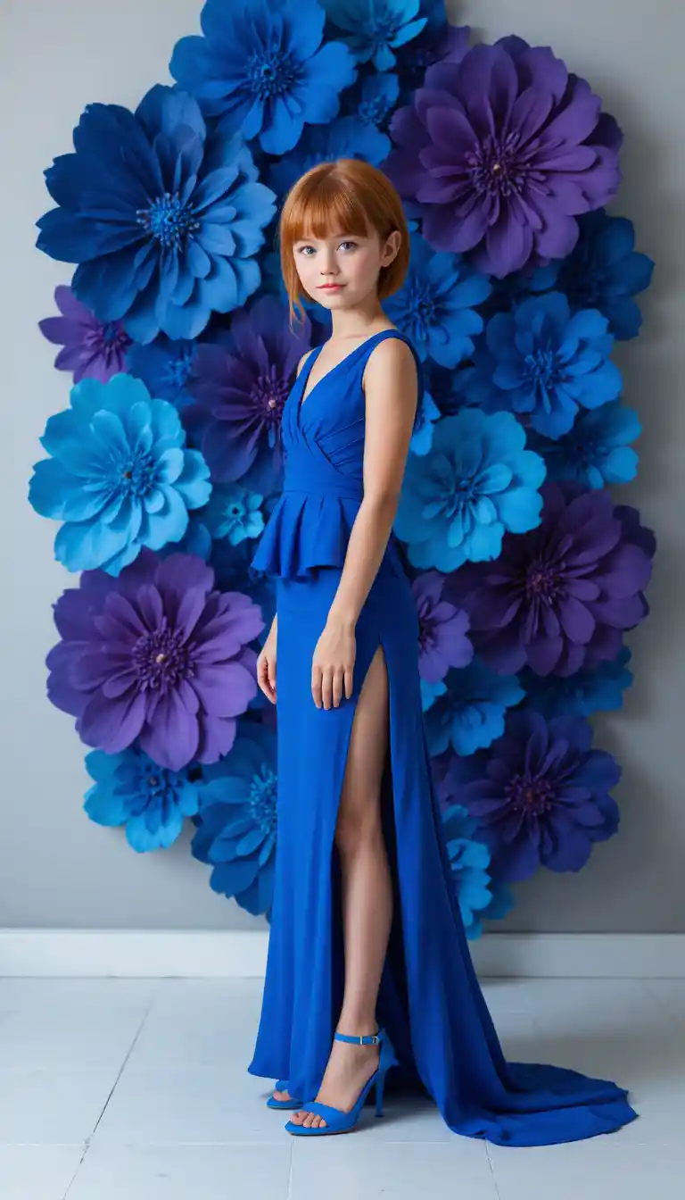 Ragazza in abito da sera blu davanti a giganteschi fiori di carta