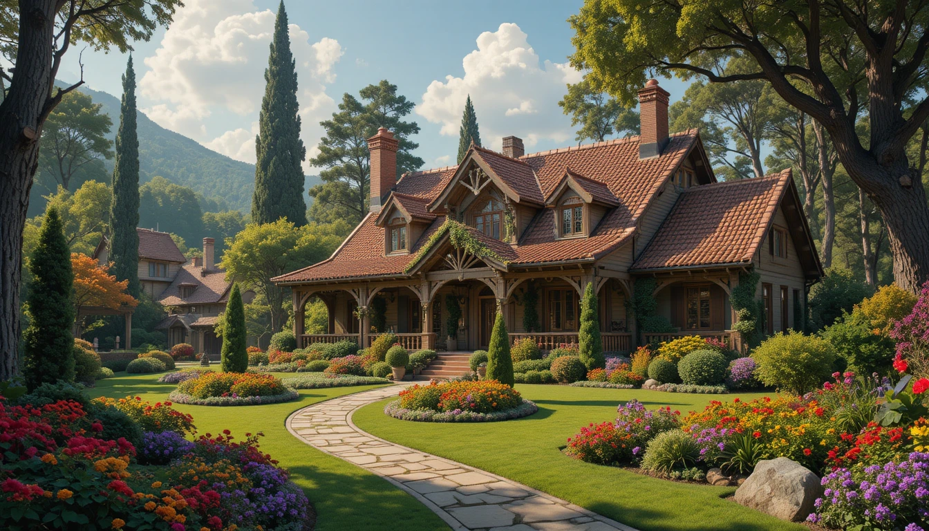 Maison rustique au toit en terre cuite entourée de jardins luxuriants et colorés