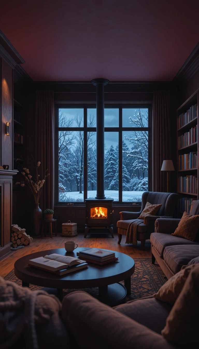 Cozy reading corner with firelit stove and snowy night window