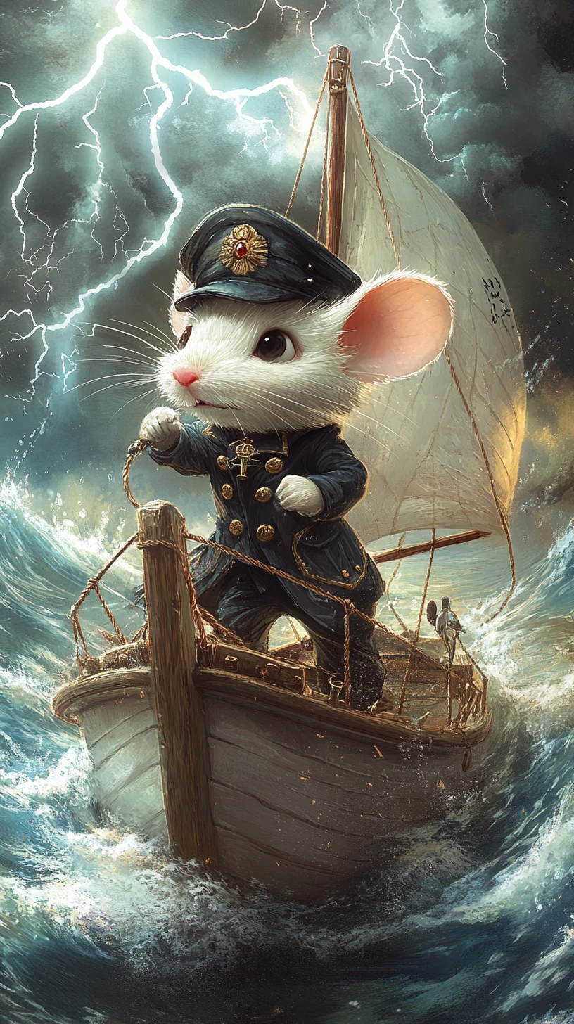 Brave mouse captain steering a sailboat through stormy waves