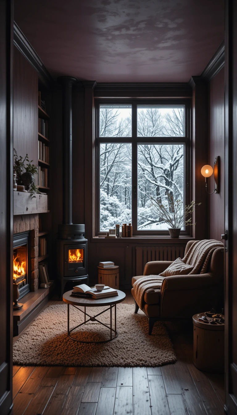 Tiny cozy reading corner with stove and snowfall view