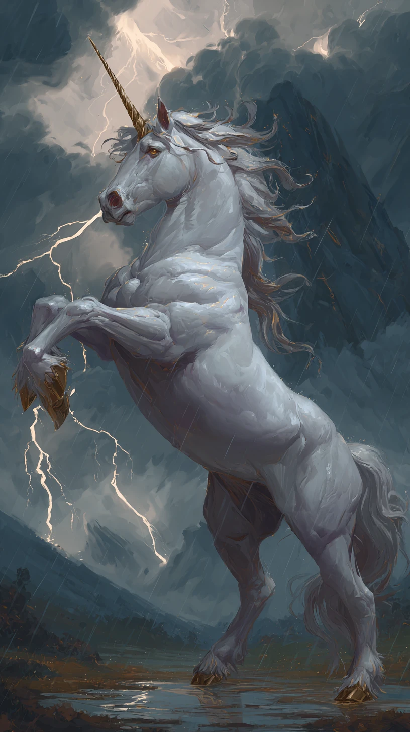 Unicorno bianco impennato in una tempesta davanti a montagne oscure