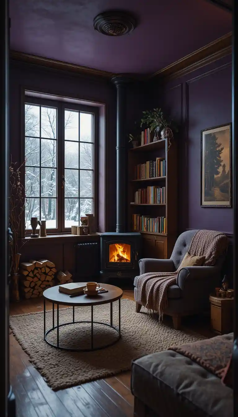 Cozy reading corner with firelit stove and snowy window