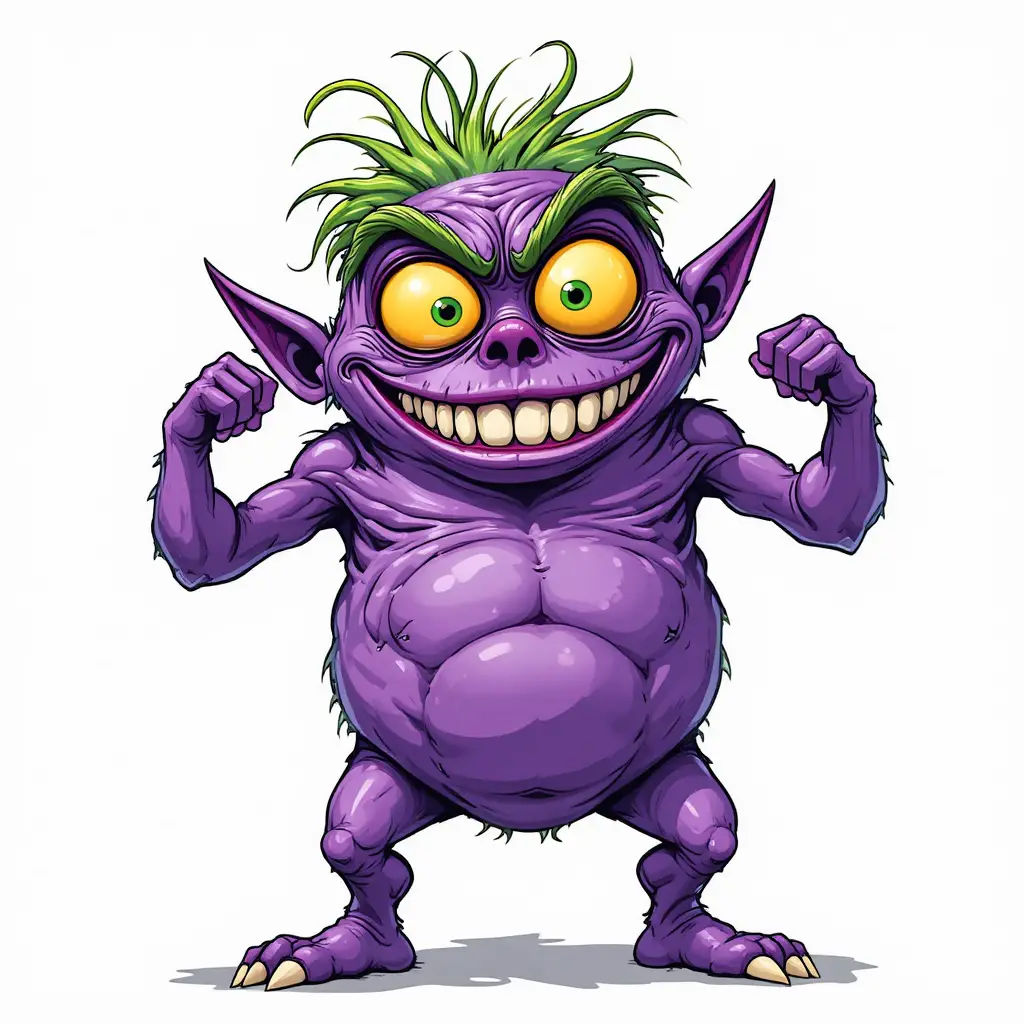 Goofy purple cartoon monster posing on white background