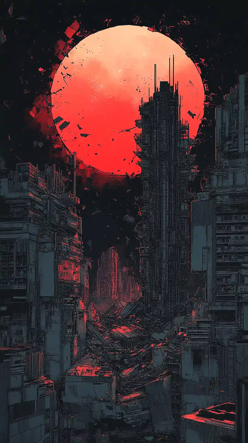 Bröckelnde dystopische Megastruktur vor einer blutroten Sonne