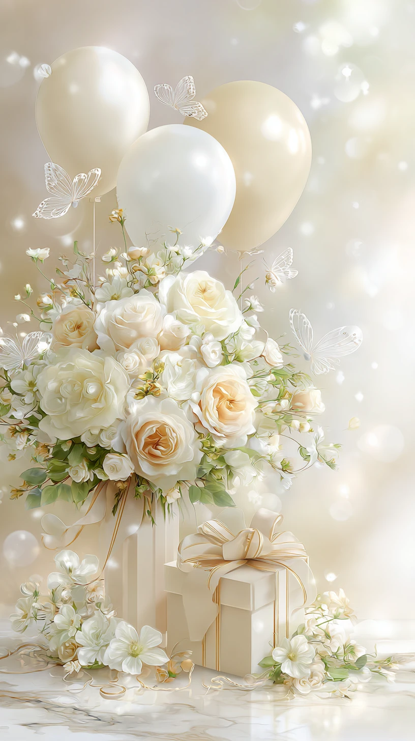 Eleganter Weißrosenstrauß mit Ballons und Geschenkbox