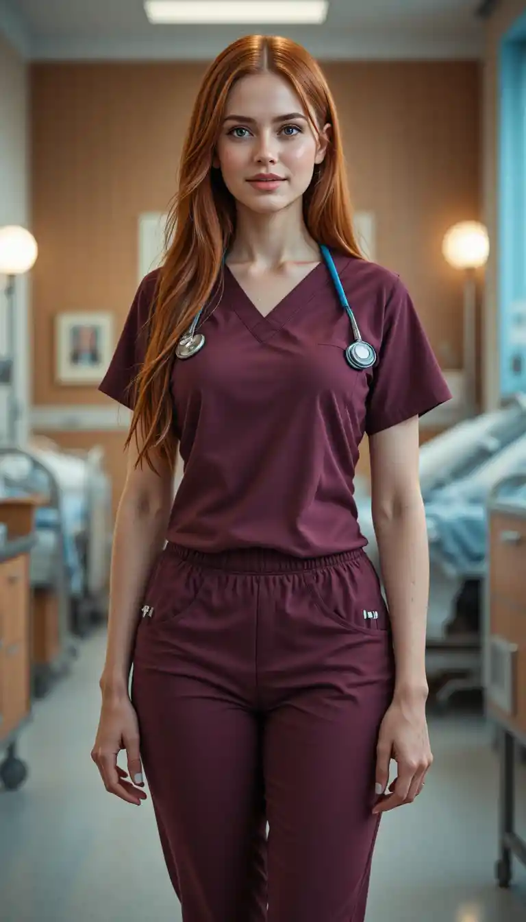 Red haired nurse in maroon scrubs standing in hospital room