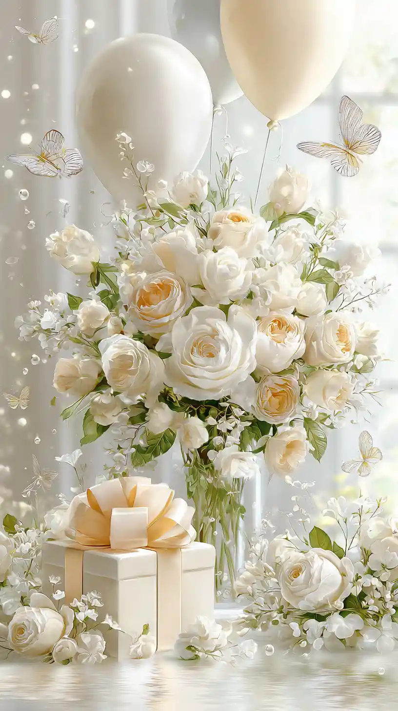 Eleganter Strauß weißer Rosen mit Luftballons und Geschenkbox