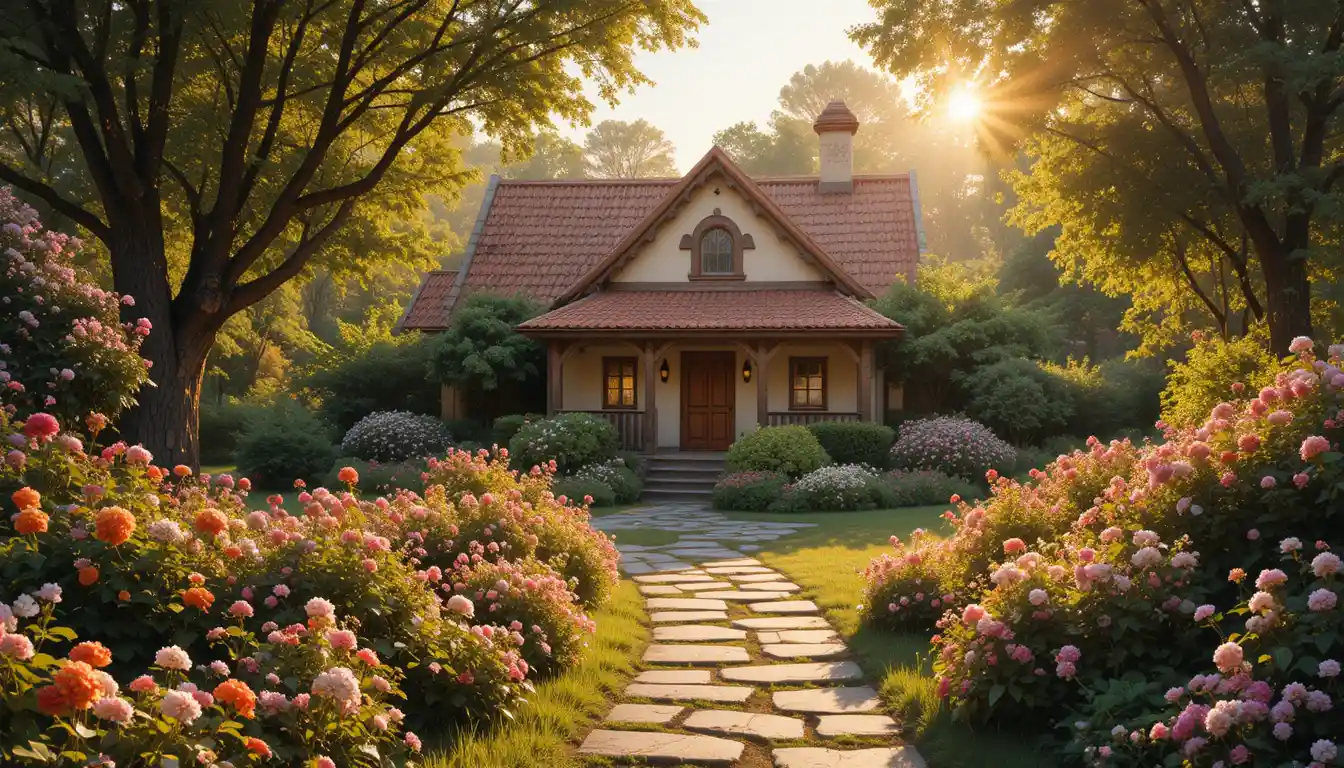 Charmante maisonnette de jardin avec des fleurs au chaud soleil doré