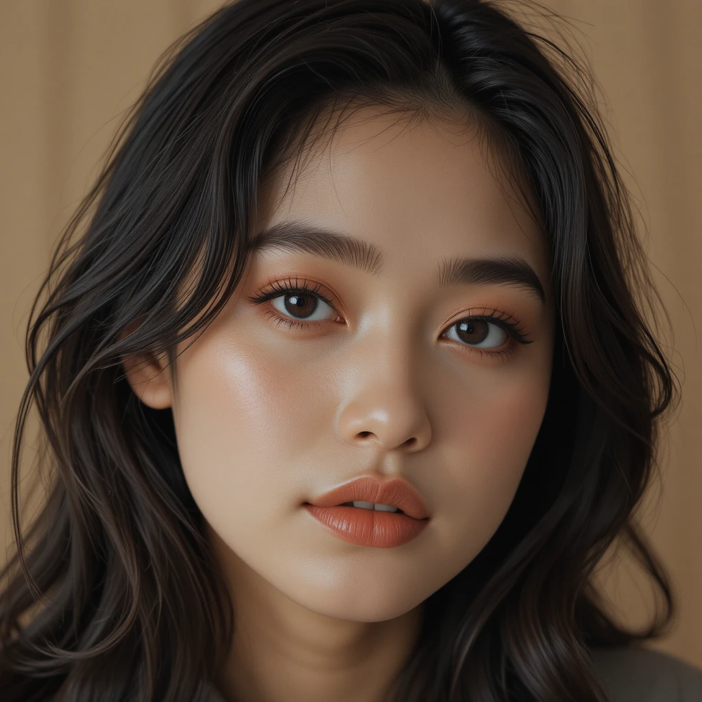 부드러운 빛 아래 차분한 여성의 클로즈업 초상